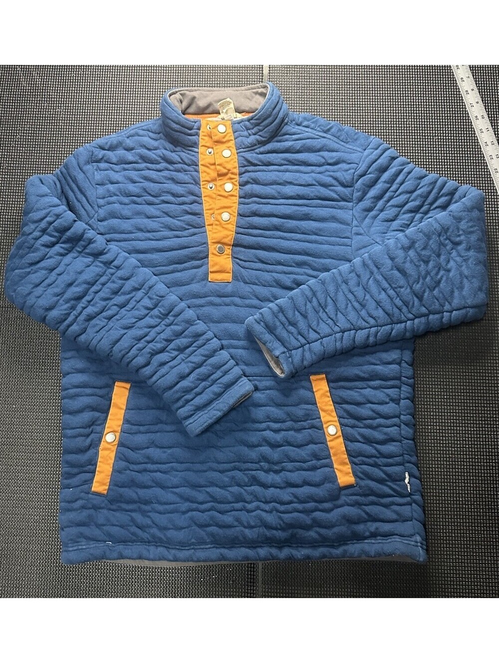 Duluth Trading Pullover Jacket M Blue Orange Quilted Snap Fleece Heavyweight